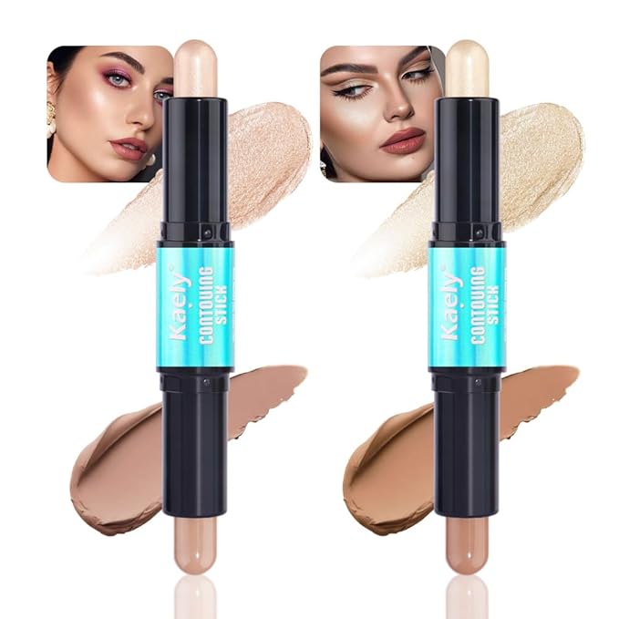 Kaely 2Pcs Cream Bronzer Highlighter Stick,Face Shaping Contouring Sticks,Cheek Contour Palette Kit for Beginners,maquillaje contorno en crema Bronzing Concealer Stick,Brightens & Shades Makeup,01+02