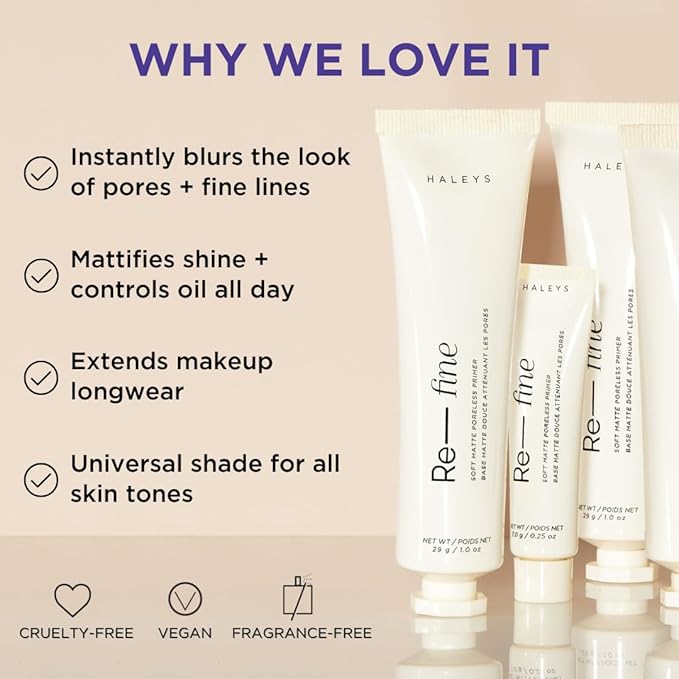 HALEYS Re-fine Soft Matte Poreless Primer (1 oz), Lightweight, Extends Makeup Longwear, Grips, Smooths, Blurs, Fills in Pores and fine lines, for All Skin Types + Tones, Cruelty + Fragrance-Free