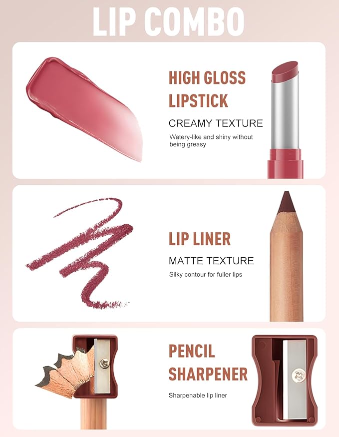2 Pcs Lipstick and Lip Liner Set Hydrating Lip Tint Non-Sticky Lightweight Lip Balm Plumping Lip Kit for Women Matte Lip Pencil Long Lasting Gradient Glossy Lip Combo with Sharpener, 01