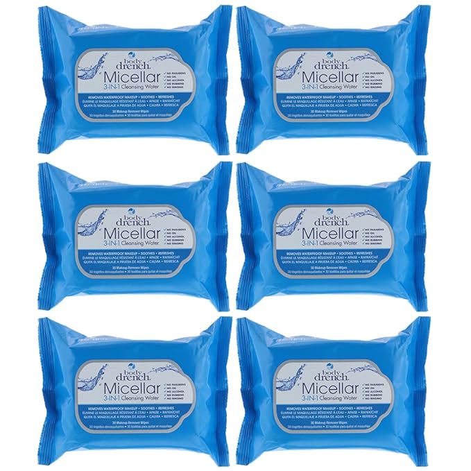 Body Drench 3-in-1 Micellar Water Makeup Remover Wipes – Removes Waterproof Makeup, Facial Cleanser, 30 Ct. (6 Pack)