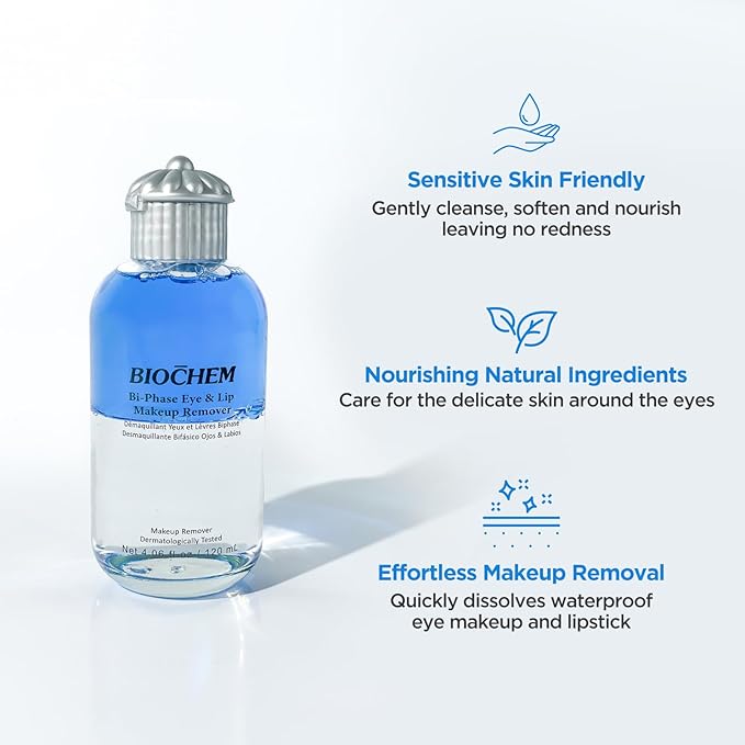 BIOCHEM Bi-Phase Eye & Lip Heavy Makeup Remover, Waterproof Mascara Remover, Gentle Cleanser for Waterproof Makeup & Mascara with Natural Ingredients for All Skin Types (4.06 fl. oz / 120 ml)