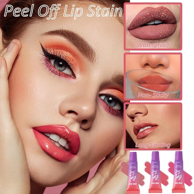 Peel Off Lip Stain,Fruit Lip Tint Stain Peel Off Waterproof Lip Tattoo Gloss Matte Finish Non-Stick Long Lasting Lip Liner Peel Off for Women 3 Colors (01#+02#+03#)