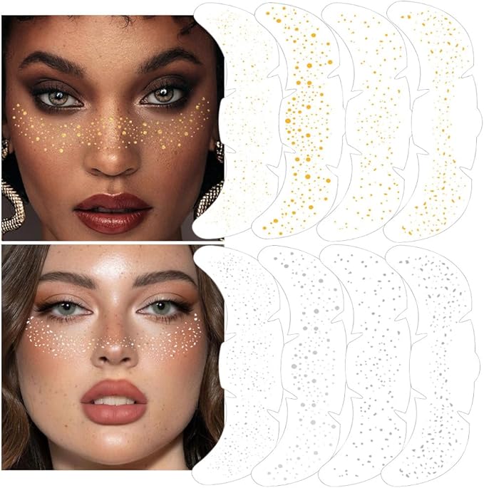 8Ps Face Glitter Speckles Patches, 2Colors 4Styles Glitter Freckles Face Tattoo, Glow Up Makeup Patches, Cute Glitter Makeup Accessories for Women, Cosmetic Glitter for Face Gift