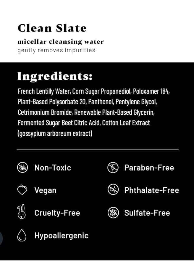 Sugar Sugar Wax Clean Slate Micellar Cleansing Water, Vegan and Hypoallergenic, Makeup Remover, Toner(1 CT)