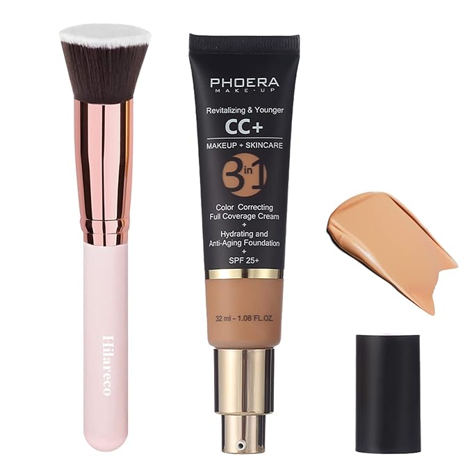 PHOERA CC+ Cream,Full Coverage Foundation,Color Correcting Cream,Anti Aging Hydrating Serum & SPF 25+ Sunscreen - Natural Finish - 1.08 fl oz (140 Buff Beige)