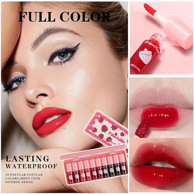 MYUANGO 10 Colors Lip Tint, Color Tinted Lip Stain, Moisturizing Lip Balm Liquid Lipstick Makeup Hydrating Long Lasting Lip Gloss (Strawberry)