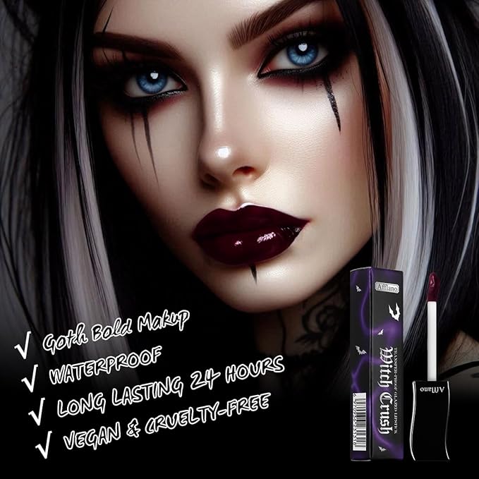 Black Liquid Lipstick - Full coverage Black Color Dark Gothic Transfer-Proof Lip Stain Hydrating Formula Waterproof Longwear Lip Gloss for Goth Makeup