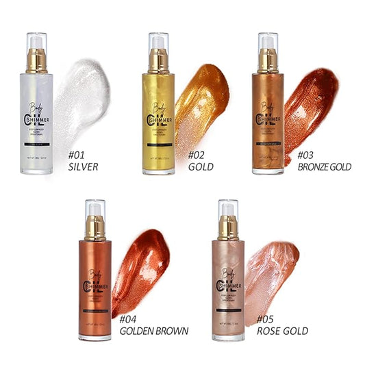 Shimmer Body Luminizer 5 Color Waterproof Smooth Face Body Glow Illuminator Non-sticky Liquid Body Highlight Illuminator for Face & Body & Leg (80 ML, 03 Bronze Gold)