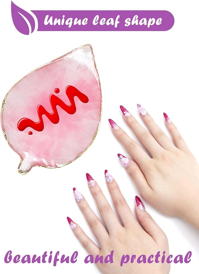 Resin Nail Art Palette,Leaf Design Nail Painting Polish Palette Color Mixing Makeup Tools Gel Polish Tray Cosmetic Mixing Tools Makeup Display Board(White&Pink)