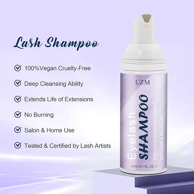 LZM Lash Shampoo Kit 2.02 fl.oz Lash Wash Cleaning kit for Clusters/Natural/Extensions, Gentle Foam&Deep Cleaning&Oil Free 60ml Lash Cleanser with Brush (8-in-1 Shampoo Kit)