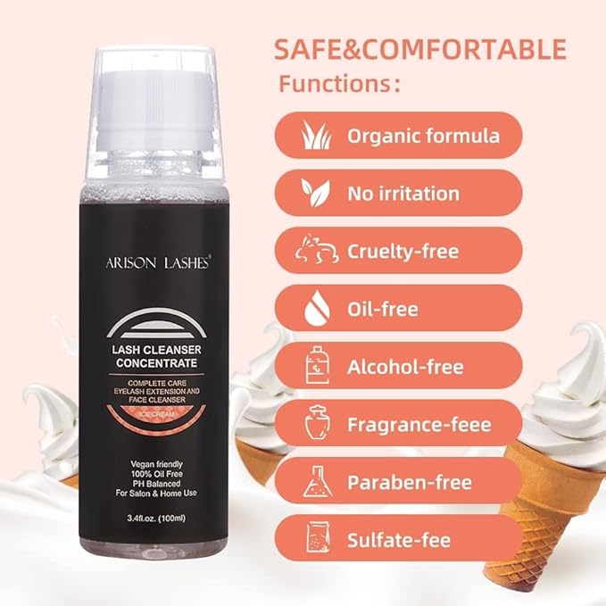 ARISON LASHES Lash Shampoo Concentrate for Lash Extensions Eyelash Cleanser Concentrate Oil-Free Eyelash Extension Shampoo with Salon Home Care(100ML ICE Cream)