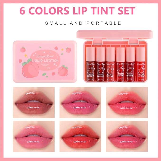 6 Colors Liquid Tint Stain,Korean Lip Gloss Moisturizing Natural,Multi-Use Lip and Cheek Tint Stain,Long-Lasting & Non-Stick Cup,Vivid Color