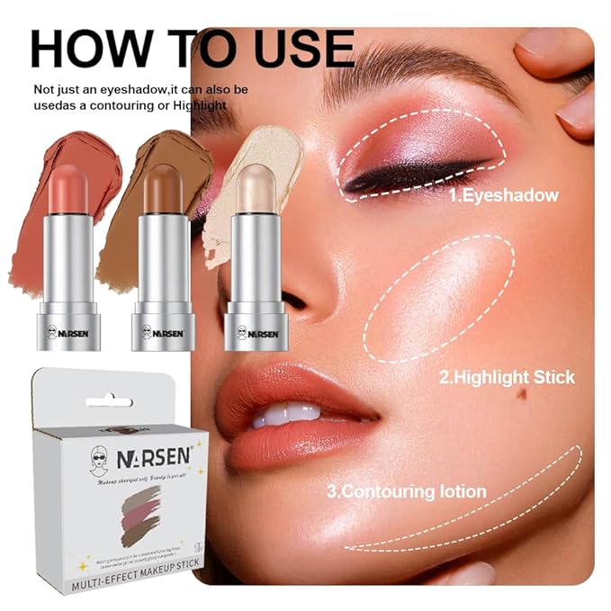 3-Pack Face Stick Set - Contour, Highlighter, and Blush Sticks, Creamy Texture, Beginner-Friendly, Natural Finish - for Cheeks and Lips