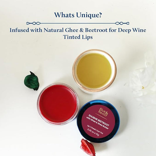 Blue Nectar Lip Tint Balm for Deep Wine Tinted Lips | Natural Beetroot Lip Balm Moisturizer for Dry Skin with Organic Ghee & Shea Butter | Long Lasting Hydrating Lip Tint (10g)