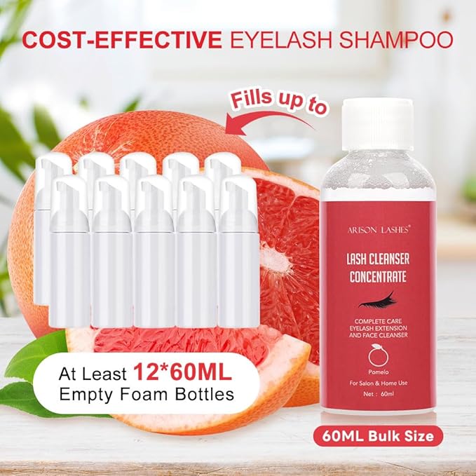 Eyelash Cleanser Concentrate 60ml Professional Lash Extensions Shampoo Natural Foaming Cleanser for Extensions Lashes with Salon Home Care-Makes 12 Bottles 60ml Eyelash Shampoo (pomelo)