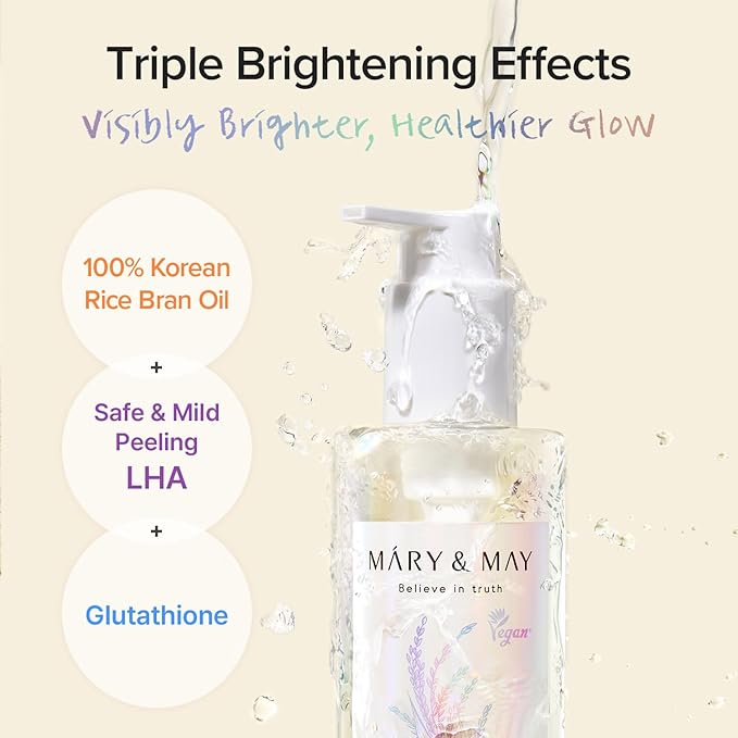 Mary&May Rice Glutathione LHA Cleansing Oil - Deep Pore Cleansing, Blackhead & Whitehead Removal - Korean Makeup Remover with Rice Bran Oil, Gentle Exfoliation, Clean Beauty, 6.76 fl.oz.