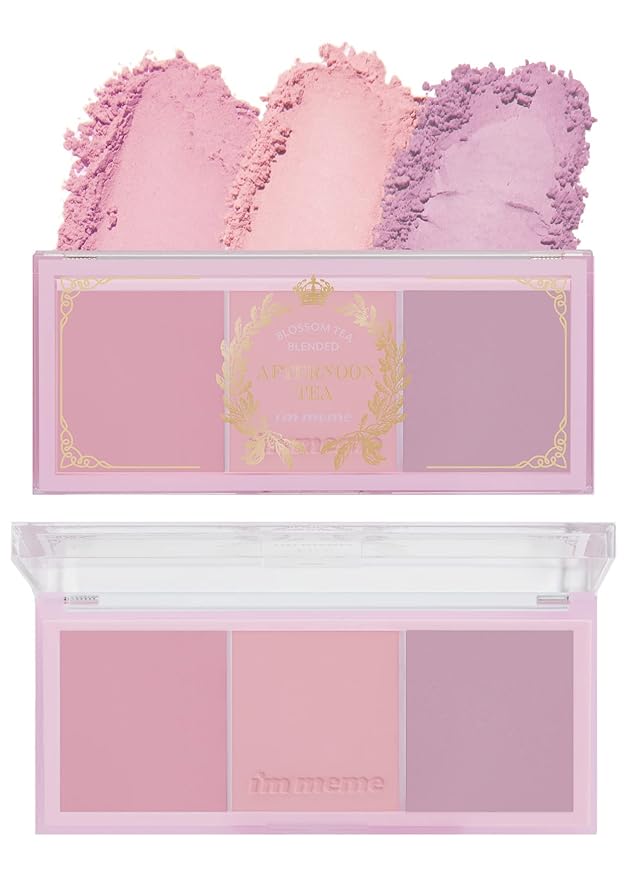 I'M MEME Fair-Light Setting Powder - Tone Up Pact with Puff, 0.35 Oz + Palette - Afternoon Tea Blusher Blossom Tea Blended, 0.4 Oz Bundle
