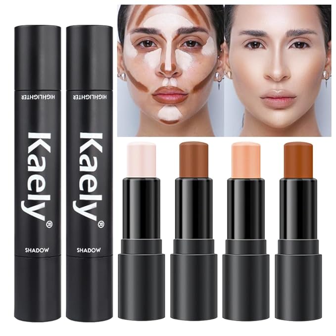Kaely 4 Color Highlighter Contour Stick,Cream Contour Palette Kit for Beginners,Bronzer Contouring Sticks,contorno maquillaje para mujer en oferta,Concealer Stick Primer Face Makeup Brightener,01+03