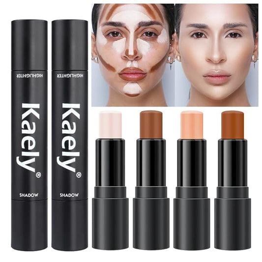 Kaely 4 Color Highlighter Contour Stick,Cream Contour Palette Kit for Beginners,Bronzer Contouring Sticks,contorno maquillaje para mujer en oferta,Concealer Stick Primer Face Makeup Brightener,01+03