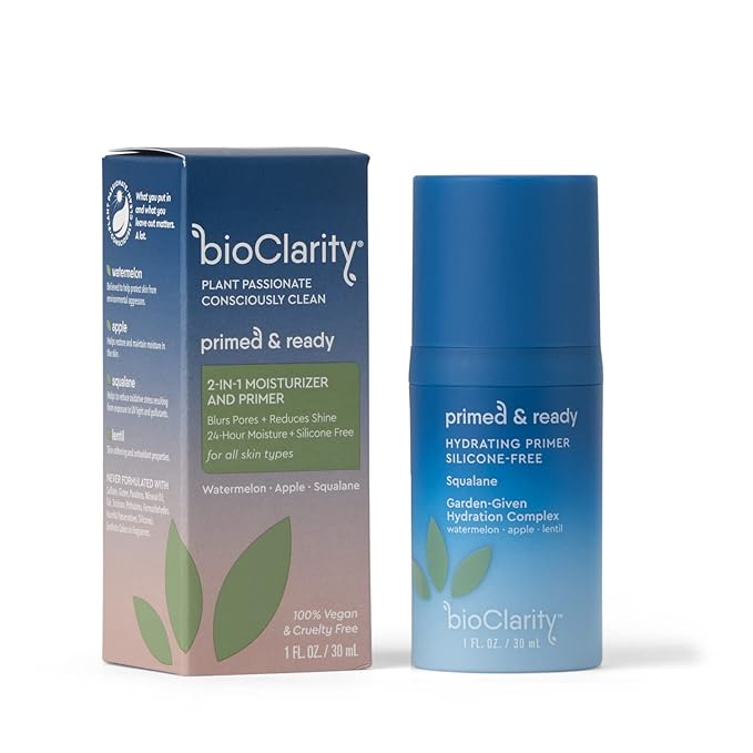 BioClarity Silicone-Free Moisturizing Primer, 100% Vegan, Non-Toxic, Doubles as Everyday Moisturizer, With Squalane, Vitamin E, Lentil & Watermelon, Lightweight Hydrating Formula, 1 fl. oz.