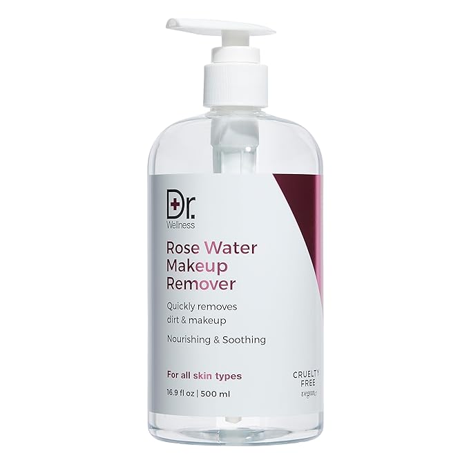 Dr. Wellness Rose Water Makeup Remover - 16.9 fl oz / 500ml, Cruelty-Free & Vegan, Gentle Formula for Effective Makeup Removal, Rose Blossom