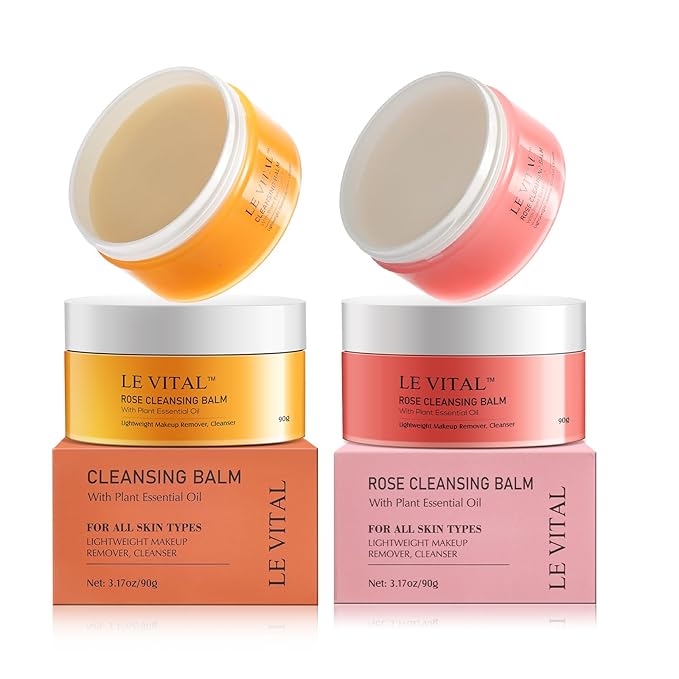 Cleansing Balm, Plant Essential Oil Makeup Remover for Sensitive & Dry Skin, 1-Step Gentle Cleanser for Heavy Makeup, Sunscreen & Women’s Skincare,Travel-Friendly (Pack of 2, Tangerine & Rose)