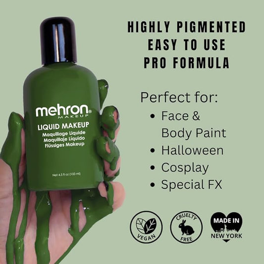 Mehron Makeup Liquid Makeup | Face Paint and Body Paint Perfect for Halloween, Cosplay I Air Brush Compatible 4.5 oz (133 ml) (GREEN)