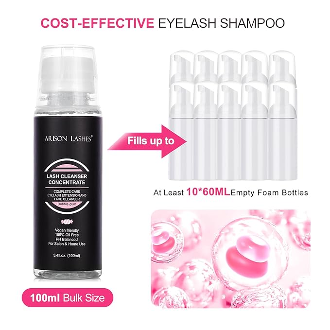 Eyelash Cleanser Concentrate 100ml Lash Extensions Shampoo Natural Foaming Cleanser DIY Non-lrritating Wash for Extensions Lashes with Salon Home Care-Makes 20 Bottles 60ml lash Shampoo (Bubble gum)