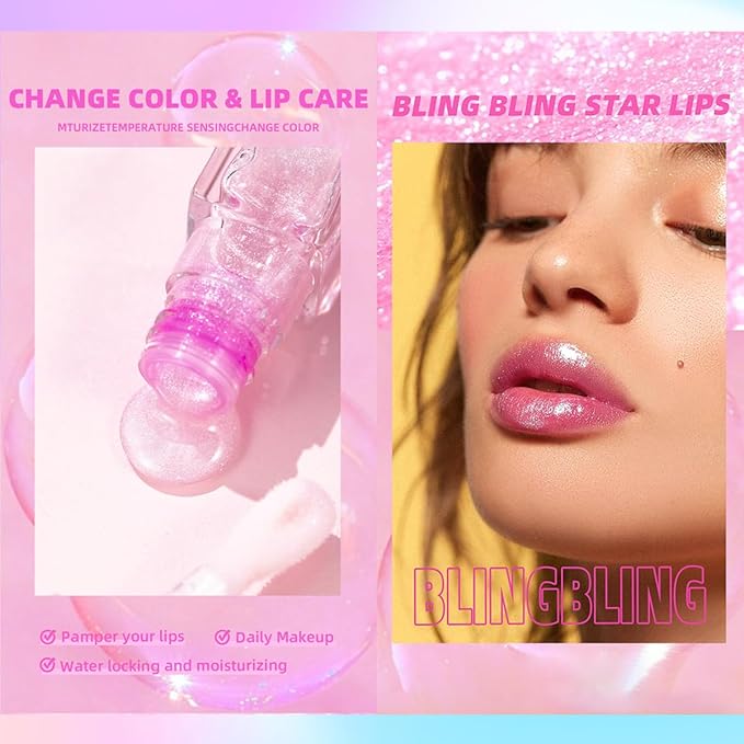 Magic Color Changing Lip Oil Ph, Glitter Lip Gloss, Upgraded Big Brush Head Moisturizing Lip Oil, Color Changing with Temperature, Moisturizing & Sparkling (# 06, 0.3 Oz)