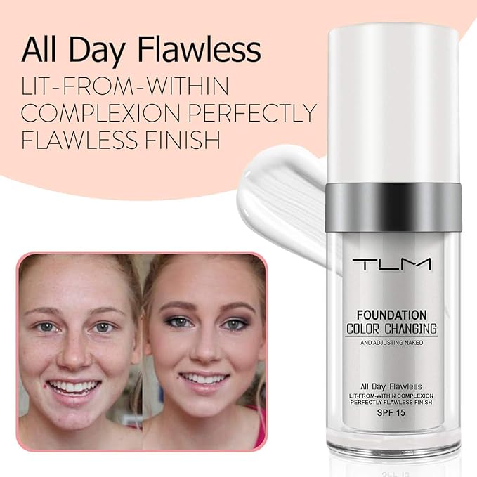 2PCS TLM Flawless Colour Changing Warm Skin Tone Foundation, Naturally Blends Moisturizing foundation makeup, Long Lasting Waterproof Lightweight Liquid Foundation SPF 15 for Face Makeup