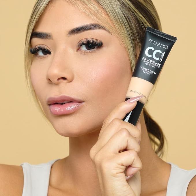 Palladio Full-Coverage Color Correction CC Cream, Oil-Free with Peptides & Vitamin C, Best for Correcting Redness and Uneven Skin Tone, Buildable Foundation Coverage (Light 22N)