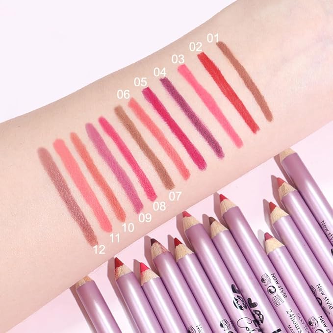 12 Pcs Natural Nude Brown Beige Colors Lip Liner Lipstick Pencils Set for Daily Makeup,Easy to Apply & Remove,Waterproof (set12)