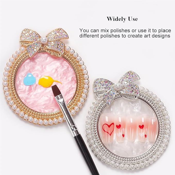 Resin Nail Art Palette, Nail Art Painting Mixed Color Palette, Bow Decorated with Rhinestones and Pearls Nail Art Display Board (Silver)