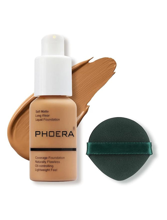 PHOERA Foundation Makeup, Flawless Soft Matte Oil Control Liquid Foundation, Full Coverage Mattle Oil-Control Concealer for Older Women, Great Choice For Gift (#106 Warm Sun)