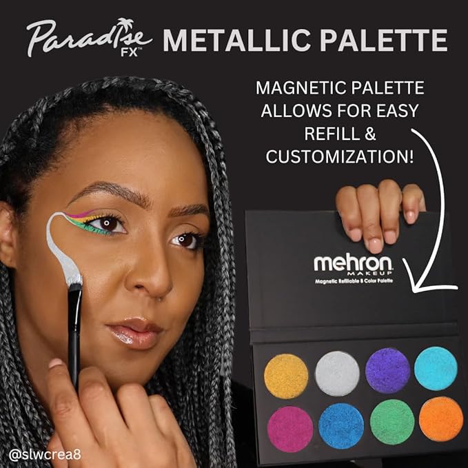 Mehron Makeup Paradise Makeup AQ 8 Color Metallic Palette | Magnetic Refillable Face & Body Paint Palette | Professional Water Activated Paint for Costumes, SFX, Halloween, & Cosplay