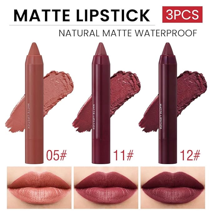 3 Colors Matt Nude Lipstick Lipliner Lip Crayons Pack Set,Velvet Moisture Smooth Matte Lipstick Pencils,Waterproof&Waterlasting,#05#11#12