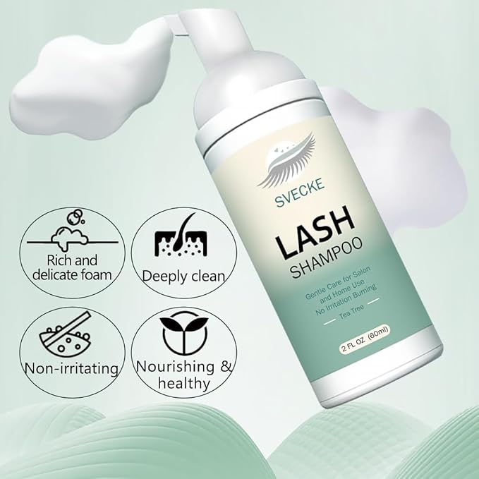 Lash Shampoo Kit for Eyelash Extension, Eyelash Shampoo 2 fl.oz / 60ml, Eyelash Extension Cleanser, Lash Eyelid Foam Cleaning Kit for Salon Use and Home Use (Tea Tree)