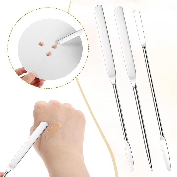 3 Pcs Makeup Spatula Foundation Spatula, Stainless Steel Facial Beauty Spatulas, Double Edged Tiny Makeup Palette Mixer Cosmetic Mixing Tool for Even Application Foundation