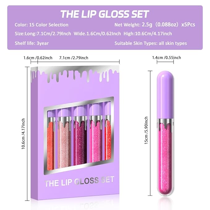 5Pcs Glitter Liquid Lip Gloss Set, Diamond Shimmer Lipstick, Waterproof Shimmer Lip Stain Lip Glaze, High Shine Long Lasting Shiny Lip Color Makeup(Set:Y-02)
