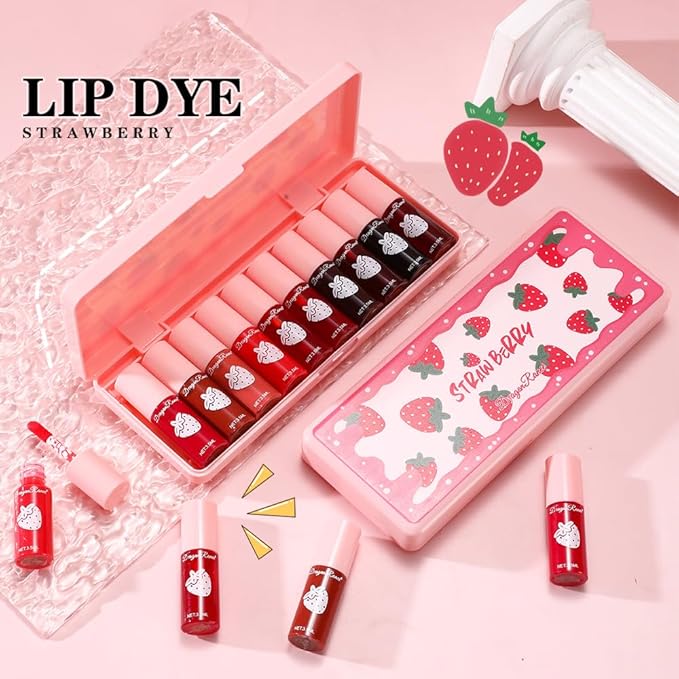 MYUANGO 10 Colors Lip Tint, Color Tinted Lip Stain, Moisturizing Lip Balm Liquid Lipstick Makeup Hydrating Long Lasting Lip Gloss (Strawberry)