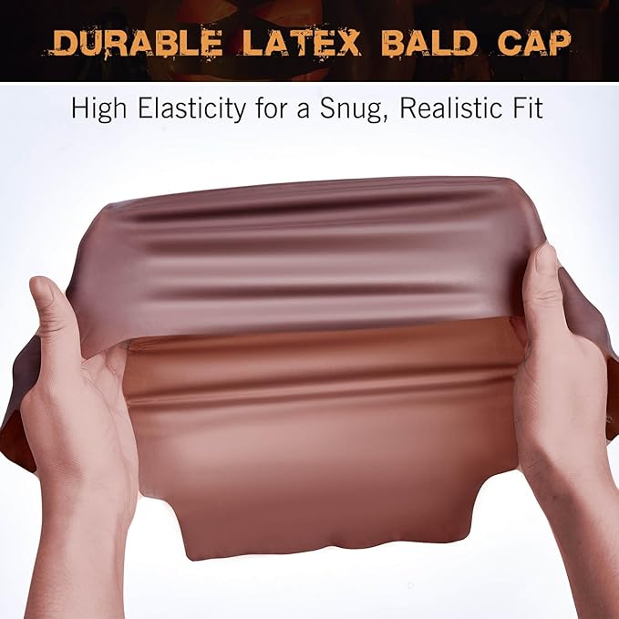 Dark Brown Bald Cap SFX Makeup Kit,Black Wig Cap with Professional Skin Water-Based Acrylic Adhesive(Bonding Glue) for Deep Skin Tones Men,Ideal for Halloween Costumes, Cosplay