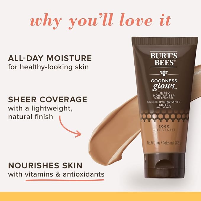 Burts Bees Goodness Glows Tinted Moisturizer, Rich in Antioxidants, Chestnut 1.0 Ounce