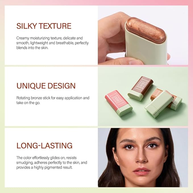 Cream Contour Stick, Face Shimmer Bronzer Stick, Blendable Natural Glow Highlighter Makeup Stick, Multi-Use Tinted Solid Moisturizer Stick,04 Beach Glow