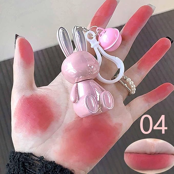 2Pcs Velvet Matte Lip Gloss Set,Cute Pink Rabbit Lip Glaze 2 in 1 Key Chain Liquid Lipstick,Non-Stick Cup Long Lasting Waterproof Bunny Lip Stain,Cute Lip Makeup for Girls