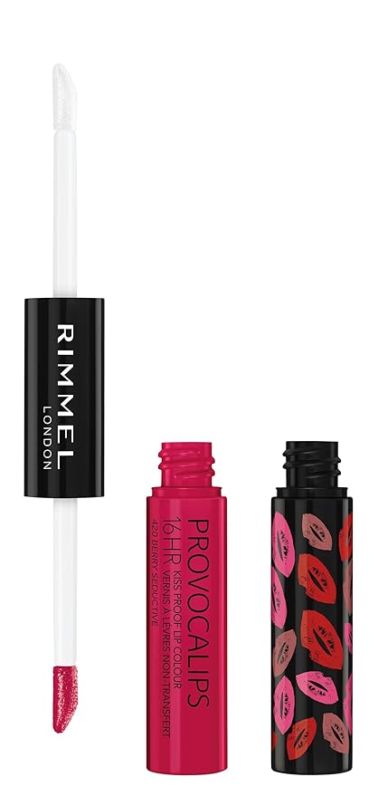 Rimmel London Provocalips 16hr Kiss-Proof Lip Color - Two-Step Liquid Lipstick to Lock in Color and Shine - 420 Berry Seductive, .14 fl.oz.