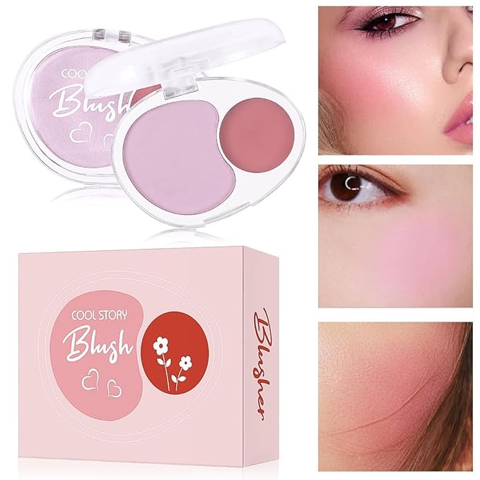 Dual-Tone Face Blush Palette for Cheeks - Waterproof, Long-Lasting, Satin Finish, Creamy Texture, Sculpting, All Skin Tones, Squalane, Highlighting, for Home, Travel, Makeup 2 Tone Tint 2#