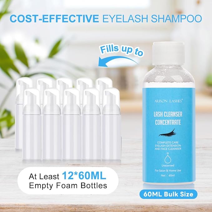 Eyelash Cleanser Concentrate 60ml Professional Lash Extensions Shampoo Natural Foaming Cleanser for Extensions Lashes with Salon Home Care-Makes 12 Bottles 60ml Eyelash Shampoo (unscented)