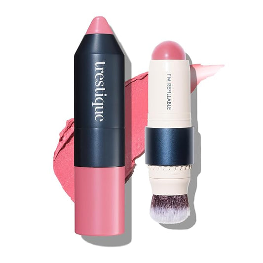 trestique Blush Stick, Vegan Blush Stick With Built-In Brush, Pink Blush Makeup For Women, Rose Makeup, 2-In-1 Creamy
