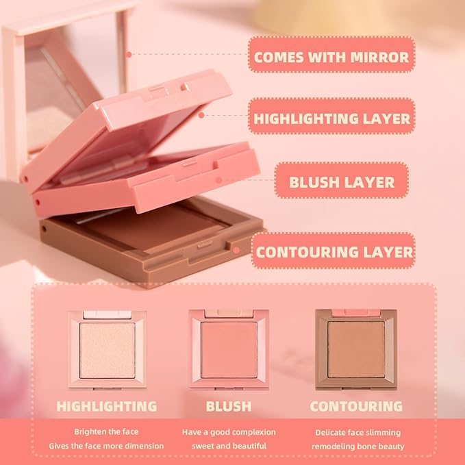 3 in 1 Contour Highlighter Blush Makeup Palette Kit, Matte Shimmer 3 Colors Highlighting Bronzing Blusher Eyeshadow Pallet, Long Lasting Full Face Eyes Contouring Shaping Makeup Set with Mirror