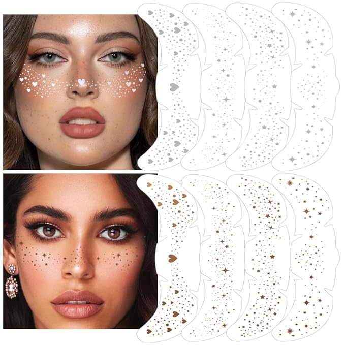 8Ps Face Glitter Speckles Patches, 2Colors 4styles Glitter Freckles Face Tattoo, Glow Up Makeup Patches, Cute Glitter Makeup Accessories for Women, Cosmetic Glitter for Face Gift